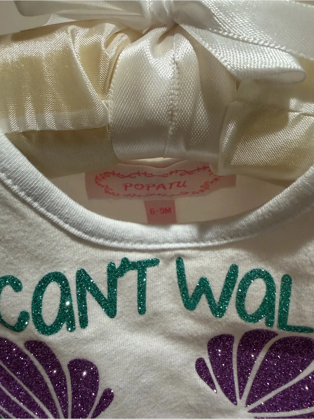 Popatu White Baby Onesie with Teal Glitter Mermaid Text and Purple Shells